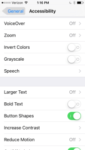 Screen shot of iOS with Button Shapes enabled