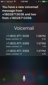 Screen shot of locked iPhone showing Siri reporting only on most recent new voicemail message