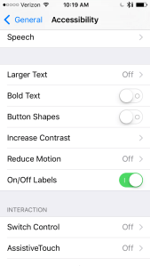 Screen Shot of iPhone with On/Off Labels Enabled