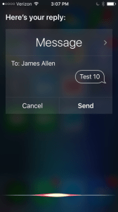 Screen shot of iPhone showing Siri having the user review their text message response before sending