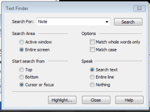 Image of the ZoomText Text Finder menu