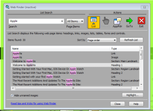 Image of the ZoomText Web Finder menu with the list expanded