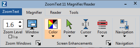 Screenshot of the ZoomText 11 user interface showing the Magnifier Tab